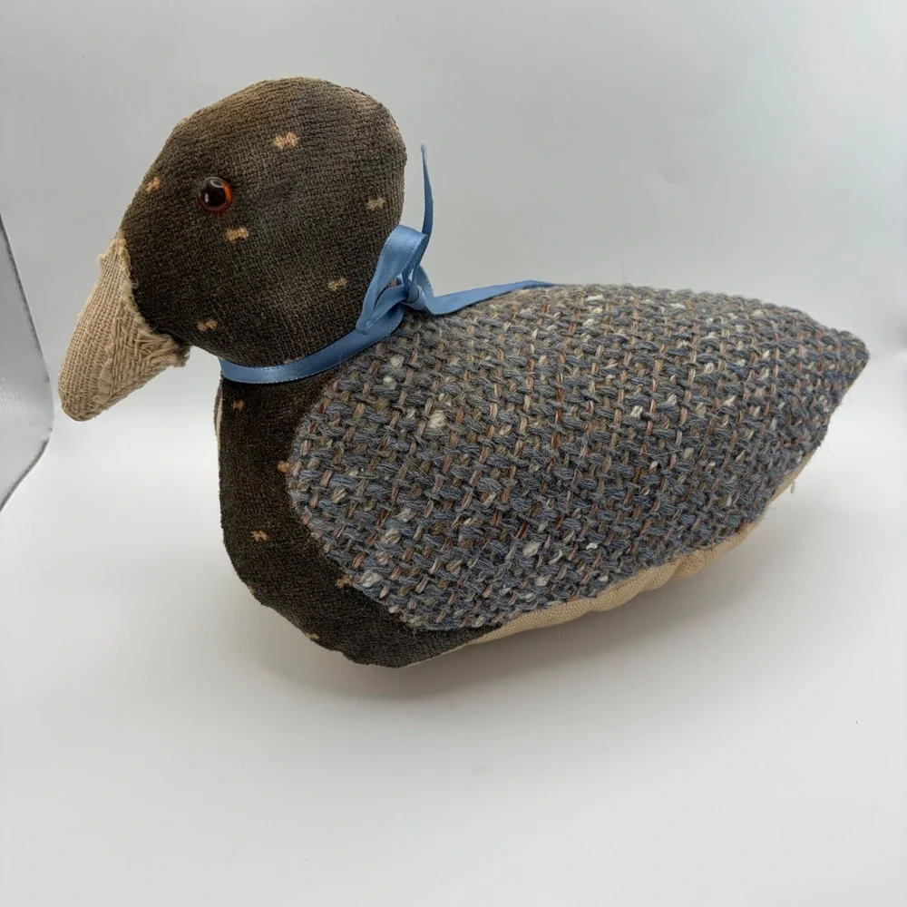 Handmade Folk Art Weighted Duck Door Stop Blue Fabric Country Farmhouse Decor